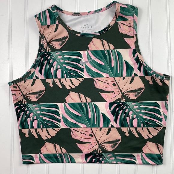Nike Tops - NIke cropped pink & green palm print athletic tank L